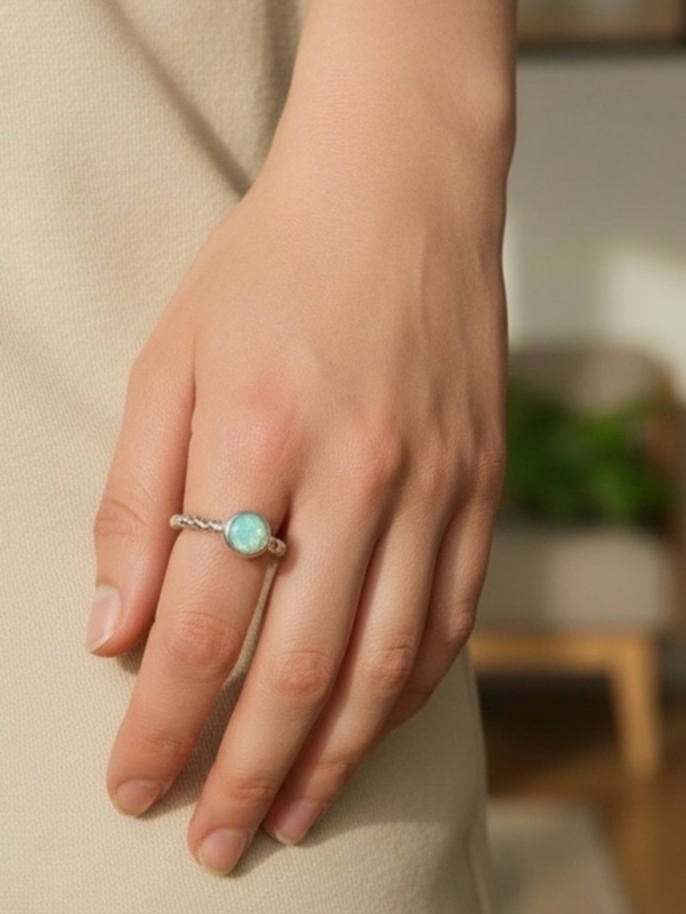Silver Braided Ring with Aquamarine Turquoise Stone